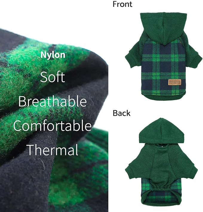 Fitwarm Tartan Plaid Dog Hoodie, Knitted Dog Clothes for Small Dogs Boy, Pet Sweater with Hood, Cat Winter Outfit, Green, XS