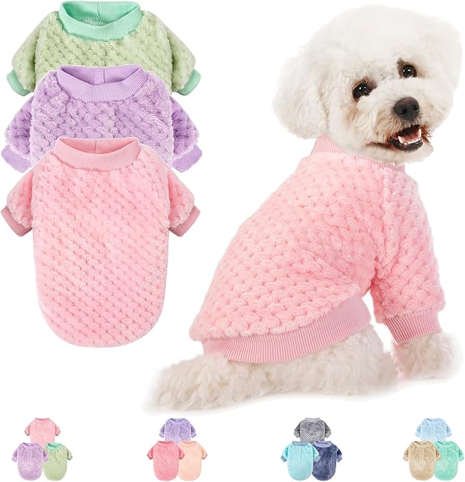 Dog Sweater, 3 Pack Dog Sweaters for Small Medium Dogs or Cat, Warm Soft Flannel Pet Clothes for Dogs Girl or Boy, Dog Shirt Coat Jacket (Small, Pink+Purple+Light Green)