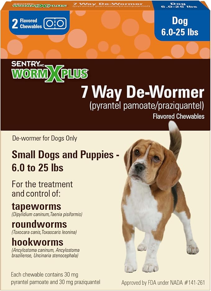7 Way De-Wormer Chewables for Dogs - Tablets for Small Dogs & Puppies (6-25 lbs) (pyrantel pamoate/praziquantel), 2 Count