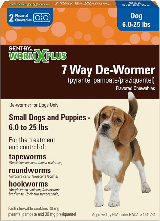 7 Way De-Wormer Chewables for Dogs - Tablets for Small Dogs & Puppies (6-25 lbs) (pyrantel pamoate/praziquantel), 2 Count