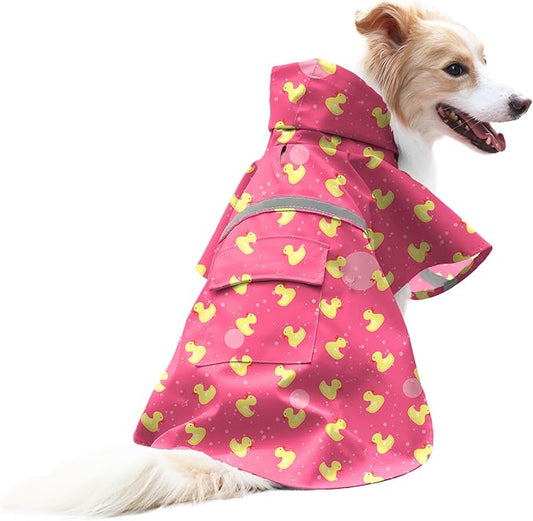 DELIFUR Large Dog Raincoat- Waterproof Dog Rain Poncho Adjustable Double Layer Rain Jacket with Hood for Medium Large Dogs Designed with Leash Hole Reflective Strip and Ducks (Pink Duck, X-Large)