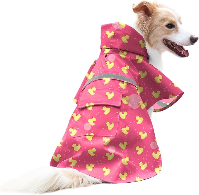 DELIFUR Large Dog Raincoat- Waterproof Dog Rain Poncho Adjustable Double Layer Rain Jacket with Hood for Medium Large Dogs Designed with Leash Hole Reflective Strip and Ducks (Pink Duck, XXX-Large)