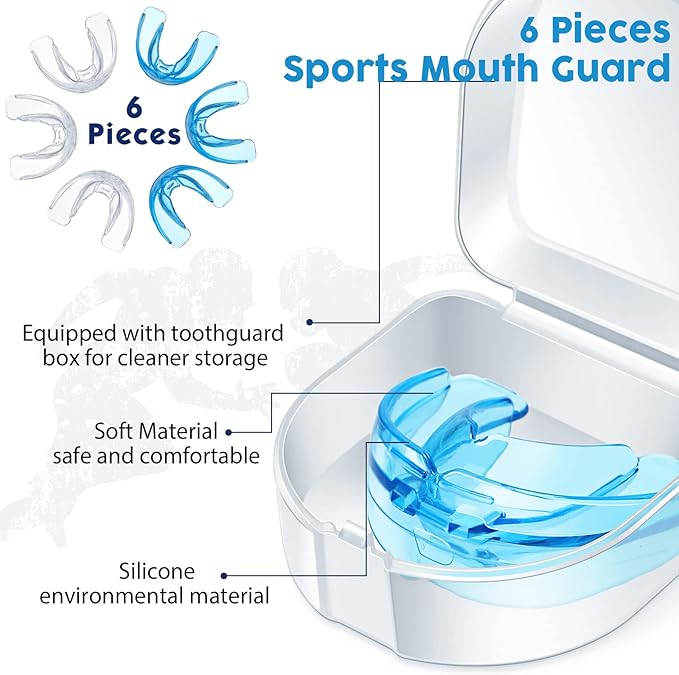 TOODOO 6 Pieces Braces Mouth Guard Kids Sports Mouth Guard for Kids Double Football Youth Mouthguards for Boxing Football Hockey Karate Basketball (Transparent, Transparent Blue)