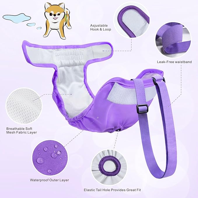 Idepet Female Dog Diapers with Suspender 3 Pack Washable Reusable Doggie Diapers for Small Medium Female Dog in Heat Period Cycle Urinary Incontinence Training, Black+Red+Purple XS