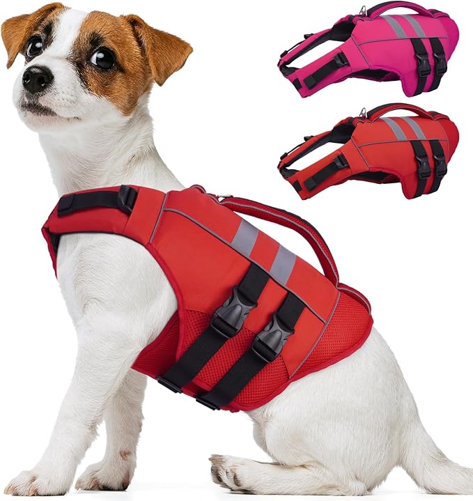 Kuoser Small Dog Life Jacket, High Flotation Dog Water Vest for Swimming Boating, Reflective Doggie Swimming Vest Pet Life Preserver with Rescue Handle, Red XS
