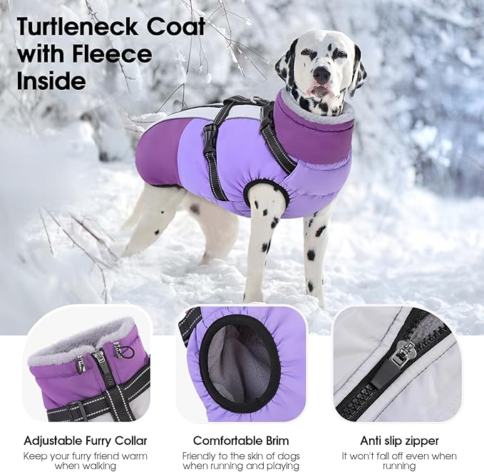 SUNFURA Dog Coat, XXXL Dog Jacket with Harness Built in, Waterproof Pet Winter Coat Snowsuit with Zip, Reflective Fleece Jacket for Extra Large Dogs, Great Dane, Purple 3XL
