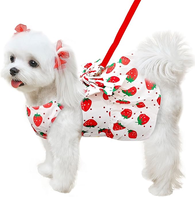Cute Dog Dress Small Dog Clothes for Girls Female Puppy Outfits Red Strawberry Pet Summer Clothes Bowknot Doggy Cat Princess Dresses Harness for Holiday Birthday Party Costume Clothing (Red,S)
