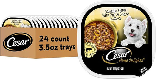Cesar Home Delights Adult Wet Dog Food, Sausage Flavor with Egg & Cheese in Sauce, Wet Food for Dogs, 3.5 oz Tray, 24 Count