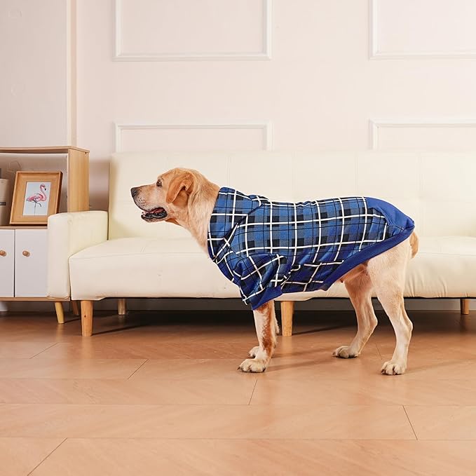 EXPAWLORER Plaid Dog Hoodie - British Style Warm Dog Sweater Shirt with Leash Hole,Pitbull Clothes Outfits,Winter Coat Apparel for All Breeds Puppy Girl Boy-Cat Apparel,Navy Blue XL-XXLarge