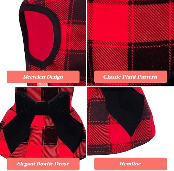 KYEESE Christmas Dog Dress Red Buffalo Check Dogs Dresses with Bowtie Small Dog Dress