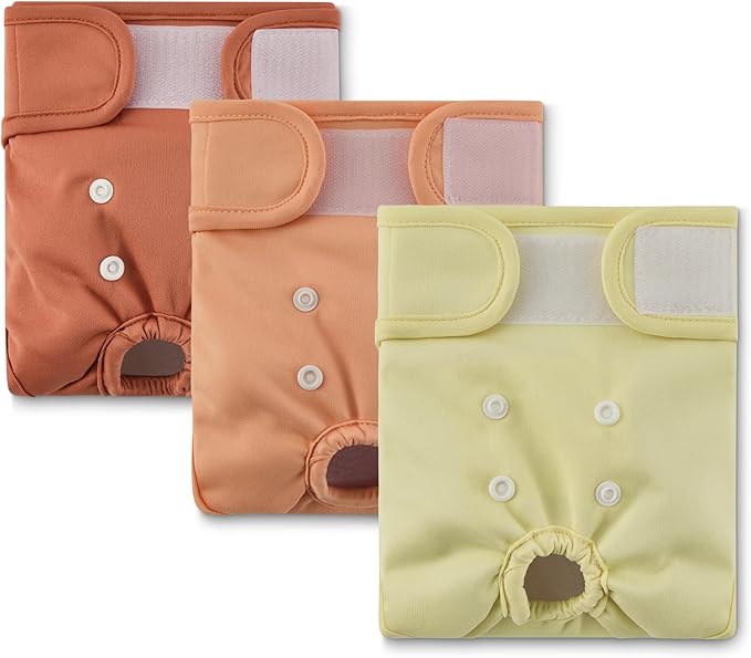 Amazon Basics Washable Dog Diapers, Highly Absorbent, Female, S Size, 3 Pack, 15.1“ x 10.9” x 0.21“, Colors- Cinnamon, Peach, Pale Olive