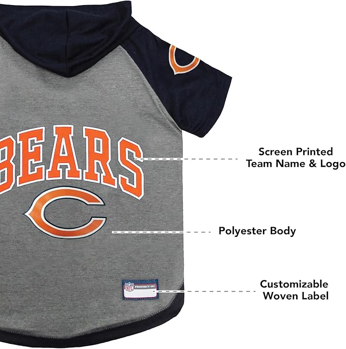 Pets First Hoodie T-Shirt for Dogs & Cats. NFL Chicago Bears Football Licensed Dog Hoody Tee Shirt, X-Small Sports Hoody T-Shirt for Pets Licensed Sporty Dog Shirt (CHI-4044-XS)