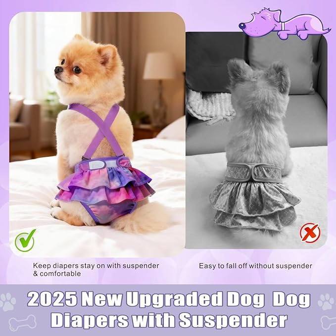 Idepet Female Dog Diapers with Suspender Detachable, 3 Pack Tie Dye Washable Reusable Girl Doggie Diapers Skirts for Small Medium Female Dog in Heat Period Cycle Urinary Incontinence Training XS