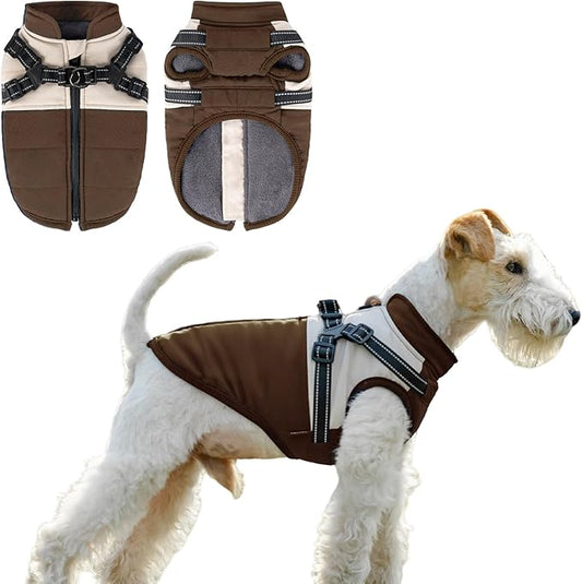 Dog Winter Coat for Small & Medium Dogs, Waterproof Dog Coat with Harness, Puppies Windproof Puppy Puffer Jacket, Snowsuit for Dachshund, Frenchie, Corgi (Classic Brown,M)
