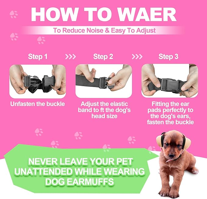 PROHEAR Dog Ear Muffs Noise Protection for Firework, Adjust Dog Noise Cancelling Headphones for Winter Outoor, Small, NRR 28 (S, Pink)
