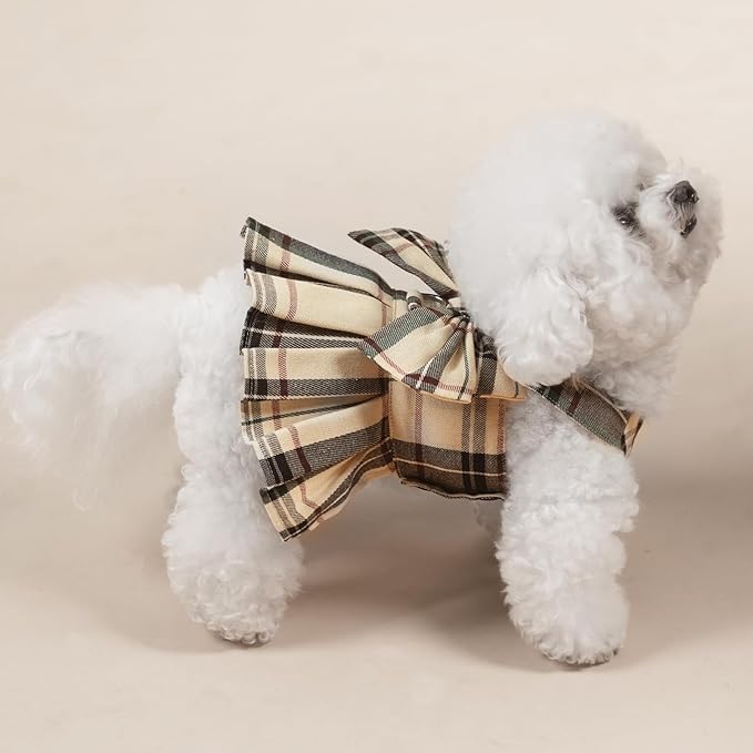 PUPTECK Plaid Dog Dress with Leash - Cute Puppy Harness Clothes for Small Medium Sized Dogs, Outfits for Girl Puppy Wedding Birthday Costume