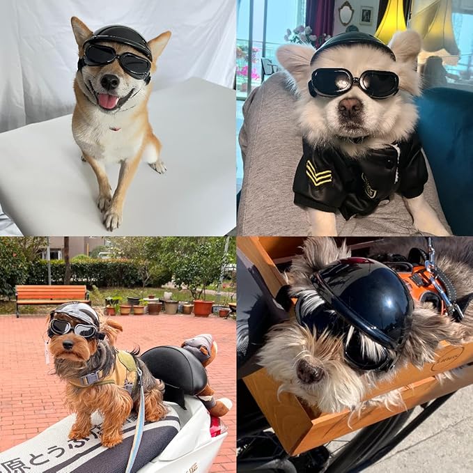 LESYPET Dog Goggles and Helmet for Small Breed, UV Protection Doggy Sunglasses Debris Protection Glasses Dog Motorcycle Helmet with Ear Holes Adjustable Strap for Riding Biking Outdoor, Black