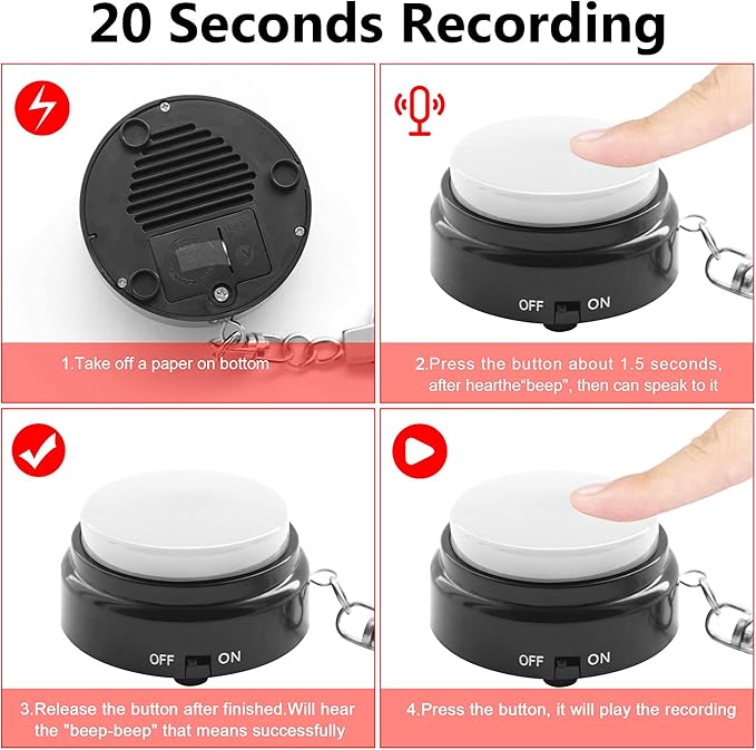 Recordable Talking Button with Keychain, 20s Voice Recording Time Sound Button Answer Buzzers Funny Buttons Record Your Own Words Also Used for Dog Pack of 2 - White and White (Battery in)
