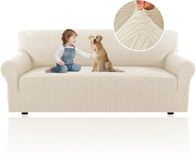 H.VERSAILTEX Jacquard Couch Covers for 3 Cushion Couch 1 Piece Stretch Sofa Covers Furniture Protector Anti-Slip Soft Thickened Dogs Slipcovers Washable Diamond Pattern(Sofa, Ivory)