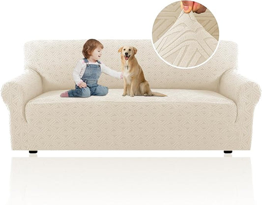 H.VERSAILTEX Jacquard Couch Covers for 3 Cushion Couch 1 Piece Stretch Sofa Covers Furniture Protector Anti-Slip Soft Thickened Dogs Slipcovers Washable Diamond Pattern(Sofa, Ivory)