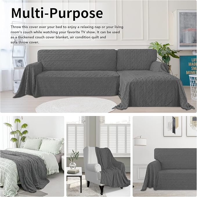 Easy-Going 80X118 inches Loveseat Sofa Cover, Jacquard Velvet Couch Slipcover for 2 Cushion Couch, L Shape Sectional Covers for Dogs, Washable Sofa Blanket, Furniture Protector for Pets, Grey