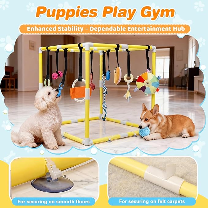 Puppy Play Gym with 17 Hanging Toys, Small Dogs Interactive Indoor Jungle Gym for Puppies, Dog Enrichment Activity Center, Adjustable PVC Frame with Straps, Teething & Squeaky Toys, Yellow