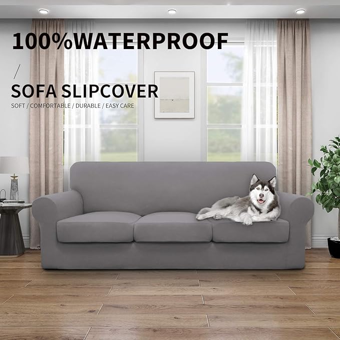 Easy-Going 100% Dual Waterproof 4 Pieces Stretch Soft Couch Cover for Dogs, Sofa Slipcover for 3 Separate Cushion Couch Leakproof Furniture Protector for Kids, Pets Light Gray