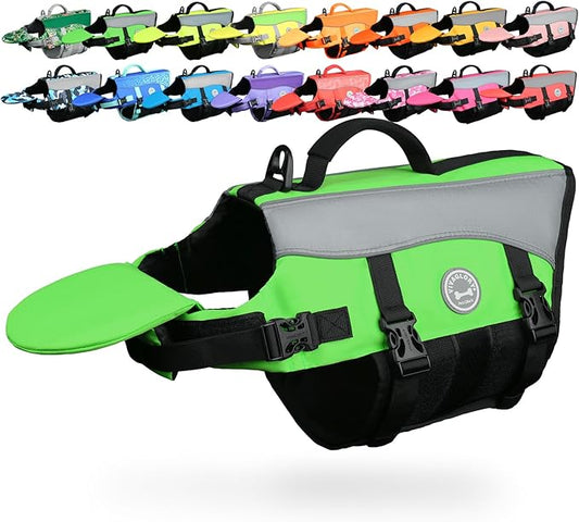 VIVAGLORY Front Float Dog Life Vest, Dog Life Jacket for Swimming & Boating, Swimming Vest with Chin Float & Handle, Ripstop & Buoyancy for Puppy Doggy, XL, Bright Green