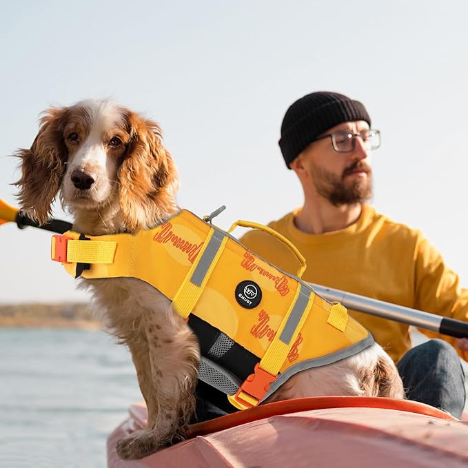 EMUST Dog Life Jackets, Pet Life Vests for Swimming, Beach Boating with High Buoyancy, Exquisite Chinese Embroidery Style Dog Flotation Vest for Small/Medium/Large Dogs, S, OrangeBone