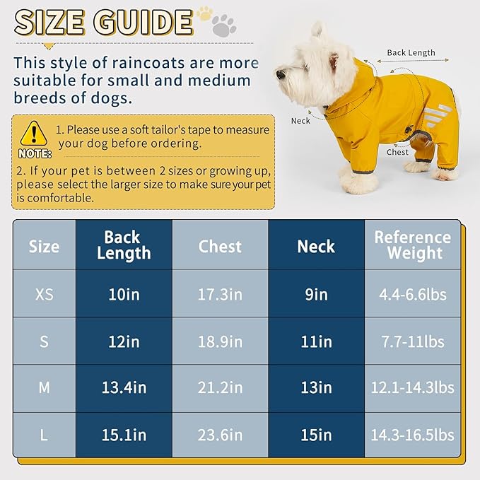 Dog Raincoat, Waterproof Dog Rain Jacket with Hood, Rain Coat with Leash Hole, Reflective Strap for Small Medium Dogs, Outdoor Adventures/Walking Lightweight Puppy(Yellow,S)