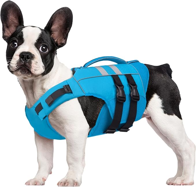 Kuoser Medium Dog Life Jacket, High Flotation Dog Life Vest for Swimming Boating, Reflective Dog Swimming Vest for Medium Dogs Pet Life Preserver with Rescue Handle, Blue M
