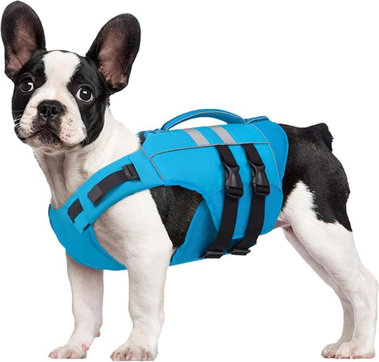 Kuoser Medium Dog Life Jacket, High Flotation Dog Life Vest for Swimming Boating, Reflective Dog Swimming Vest for Medium Dogs Pet Life Preserver with Rescue Handle, Blue M