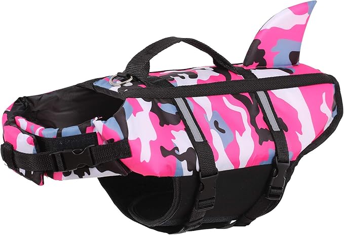 Queenmore Dog Life Jacket Pet Safety Vest High Buoyancy Camouflage Color Cute Shark with Strong Rescue Handle and Leash Ring for Boating, Canoeing, Surfing, Hunting, Pink L