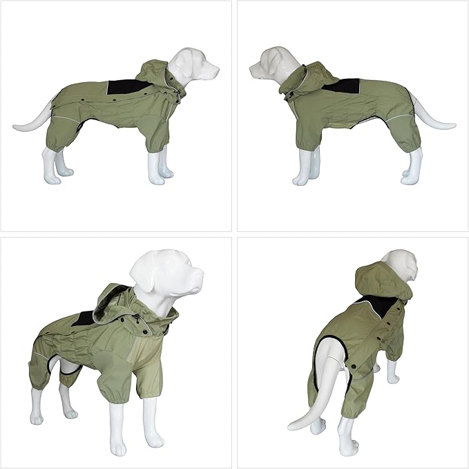 LOVELONGLONG Waterproof Dog Raincoat with Removable Hood – Outdoor Full Body Dog Jacket, Windproof Snowproof Shell Suit – All Season Pet Rain Gear Sage Green XXL