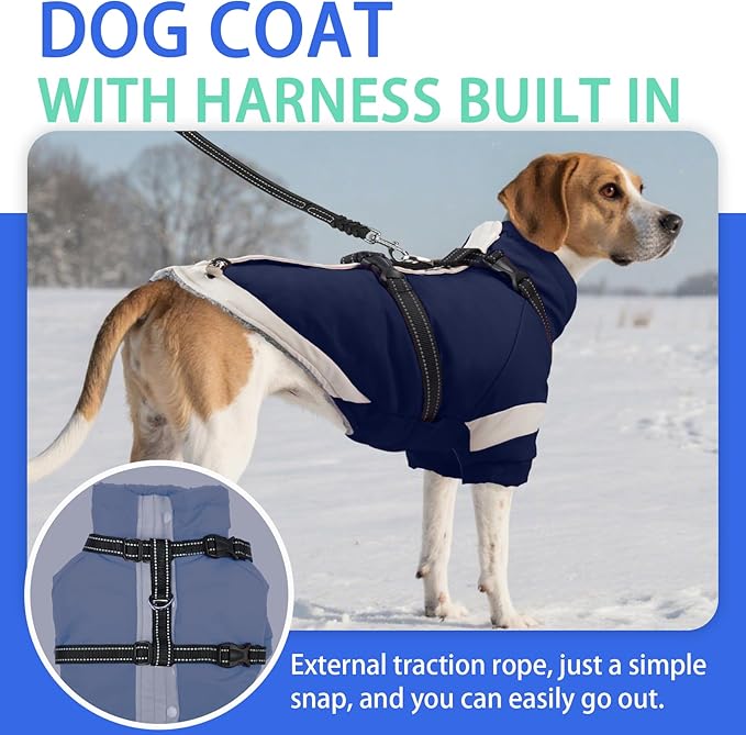 MIGOHI Ultra Thick Dog Jacket,Reflective Medium Dog Coat with Harness Built in,Warm Pet Winter Coat Zip Up Puffer Jacket with Furry Collar for Medium Dogs with Legs Outdoor Adventure,L,NavyBlue