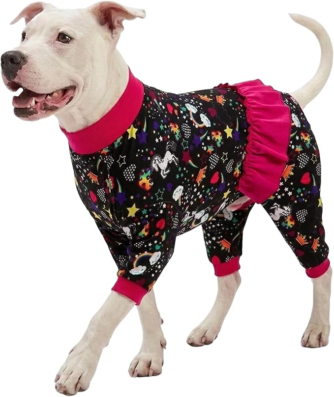 LovinPet Large Breed Dog Pajamas, Wound Care/Post Surgery Recovery Shirt for Large Dogs, Unicorn and Rainbow Black Print, Stop Shedding for Dogs, Pitbull Clothes, Bodysuit Dog Jammies, XL
