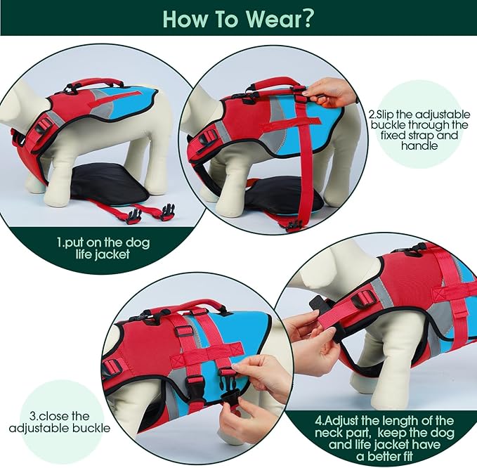 Kuoser Dog Life Jacket with Rescue Handle, High Flotation Dogs Swim Vest with Reflective Strips,Adjustable Dog Life Vest for Swimming, Boating, Pool&Beach, Doggy Lifejacket for Small Medium Large Dogs