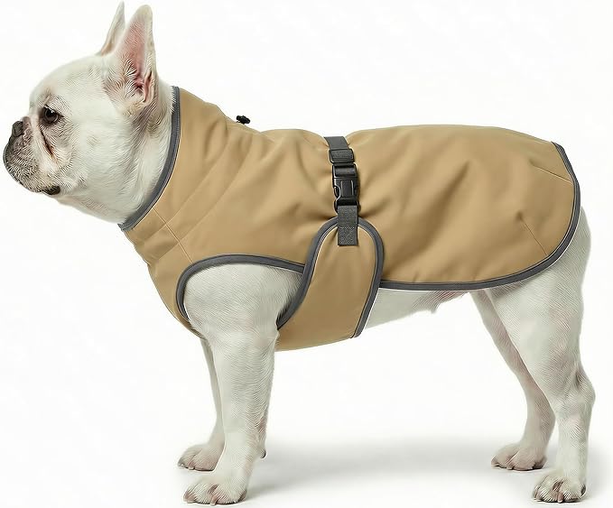 Dog Winter Vest with Fur-Safe Buckle (No Hook & Loop), Water-Repellent Fleece Lined Jacket, 360° Reflective, Leash Hole & Leg Straps, Adjustable for Hiking & Active Dogs (Brown, Small)