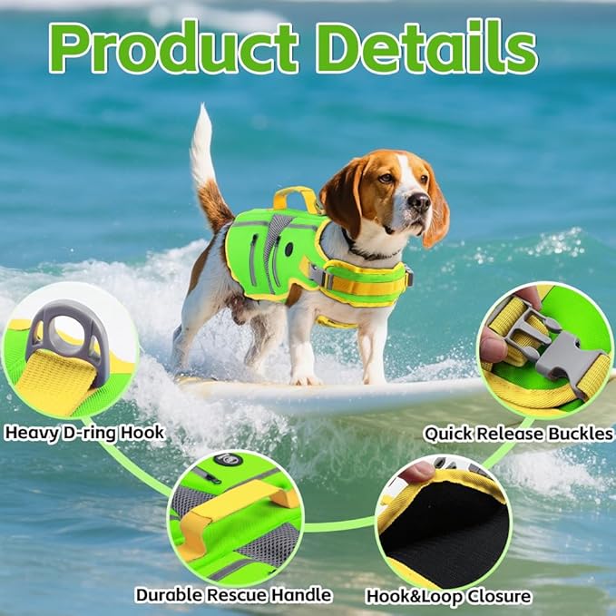 EMUST Dog Life Jacket, Lightweight Reinforced Dog Swim Vest for Small Medium Large Dogs with Pockets, Reflective Pet Float Coat Lifesaver for Boating Swimming Pool, Green, M