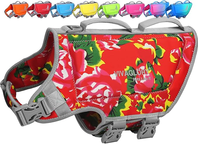 VIVAGLORY High Buoyancy Dog Life Vest, Swimming Vest with Handle, Dog Life Jacket for Swimming & Boating, Buoyancy for Puppy Doggy, L, Northeast Florals-Red
