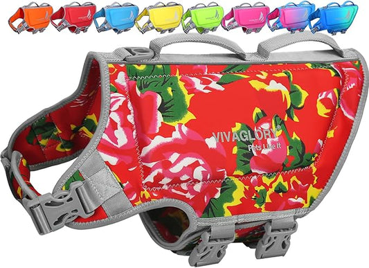 VIVAGLORY High Buoyancy Dog Life Vest, Swimming Vest with Handle, Dog Life Jacket for Swimming & Boating, Buoyancy for Puppy Doggy, L, Northeast Florals-Red