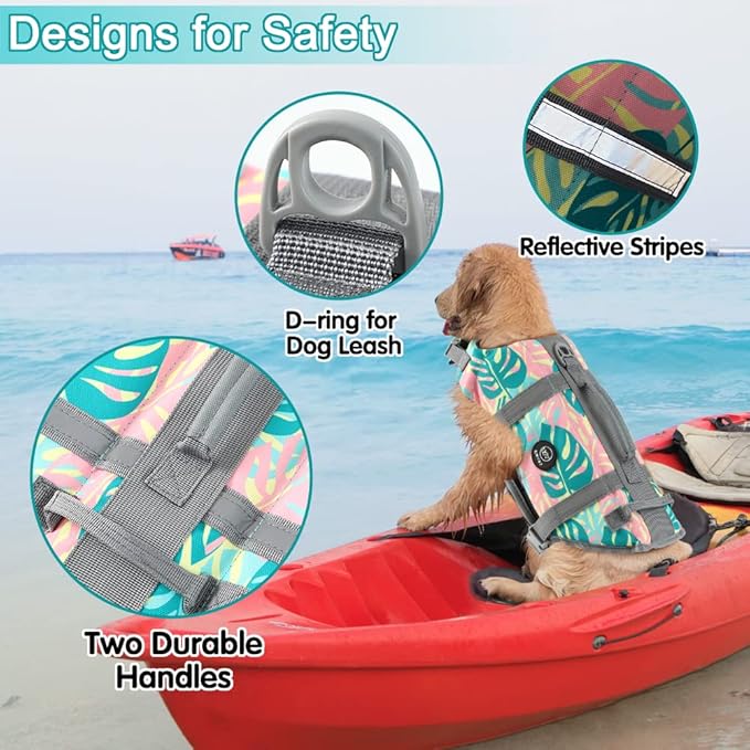 EMUST Dog Life Preserver, Dogs Life Vests for Swimming, Beach Boating with High Buoyancy, Dog Flotation Vest for Small/Medium/Large Dogs, L, Greenleaf