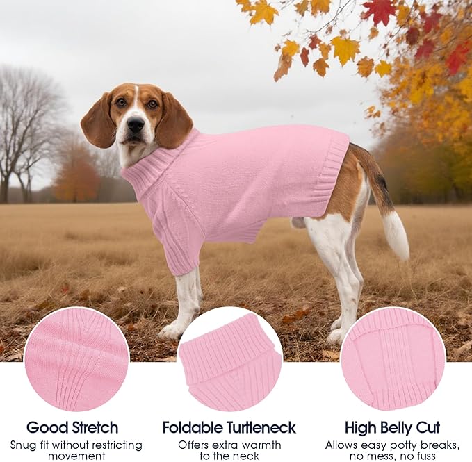 IECOii Dog Sweaters for Medium Dogs Girl Boy,Holiday Knit Doggy Sweatshirt with Sleeve,Turtleneck Thick Warm Dog Sweaters for Winter,Pullover Knitwear for French Bulldog,Boston Terrier (Pink, L)