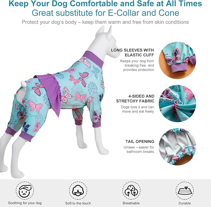 LovinPet Large Dogs Clothing, Post Surgery Comfort Pajamas, Lightweight Stretchy Fabric, Navy Butterfly Wings Print, Large Dog Pajamas, Pitbull Clothes, Undershirt for Dog Dresses, Pink L