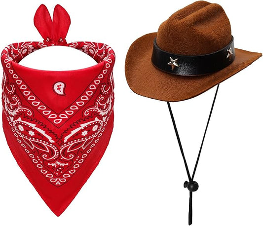 Fumwase Pet Cowboy Costume Halloween Costumes for Dogs Cat Puppy Hats with Bandana Scarf Cowboy Costume Accessories Dog Cat for Party Festival and Daily Wearing(Brown hat + Red, Small)