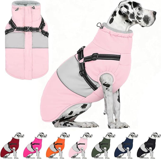 AOFITEE Dog Coat, Large Dog Jacket, Dogs Coat with Harness Built in, Reflective Waterproof Dogs Jackets Winter with Furry Collar, Warm Polar Fleece Pet Sweater Snowsuit for Doberman, Great Dane XXXL