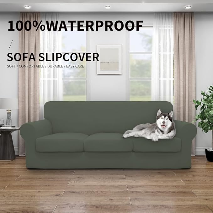 Easy-Going 100% Dual Waterproof 4 Pieces Stretch Soft Couch Cover for Dogs, Sofa Slipcover for 3 Separate Cushion Couch Leakproof Furniture Protector for Kids, Pets Grayish Green