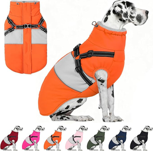 AOFITEE Dog Coat, Large Dog Jacket, Dogs Coat with Harness Built in, Reflective Waterproof Dogs Jackets Winter with Furry Collar, Warm Polar Fleece Pet Sweater Snowsuit for Doberman, Great Dane XXXL