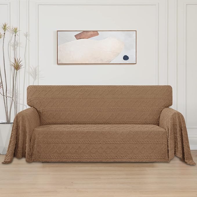 Easy-Going 80X133 inches Sofa Cover, Jacquard Velvet Oversized Couch Slipcover for 3 Cushion Couch, L Shape Sectional Covers for Dogs, Washable Sofa Blanket, Furniture Protector for Pets, Camel