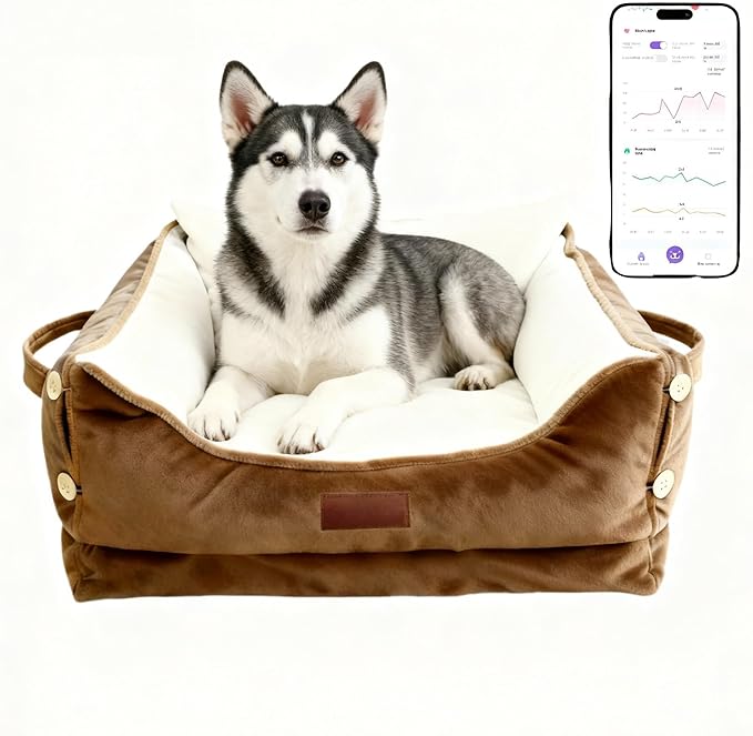 Smart Pet Bed with Health Monitoring System, Gray Orthopedic Dog Sofa, Digital Display, Heart Rate Detection, Sleep Tracking, Cloud Connected (Brown, Large)
